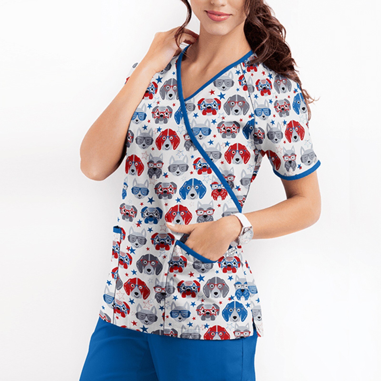 Uniforme de enfermera de manga corta con cuello en V para mujer, uniforme de trabajo de enfermería con estampado de dibujos animados, uniforme de manga corta