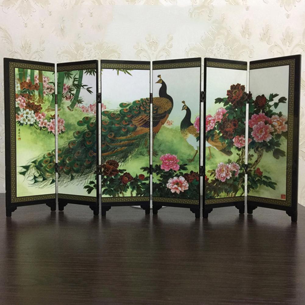 Home Chinese Style Wooden Decorative Screen 6-Panel Peacock Folding Screen Room Divider Folding Partition Screens Decoration