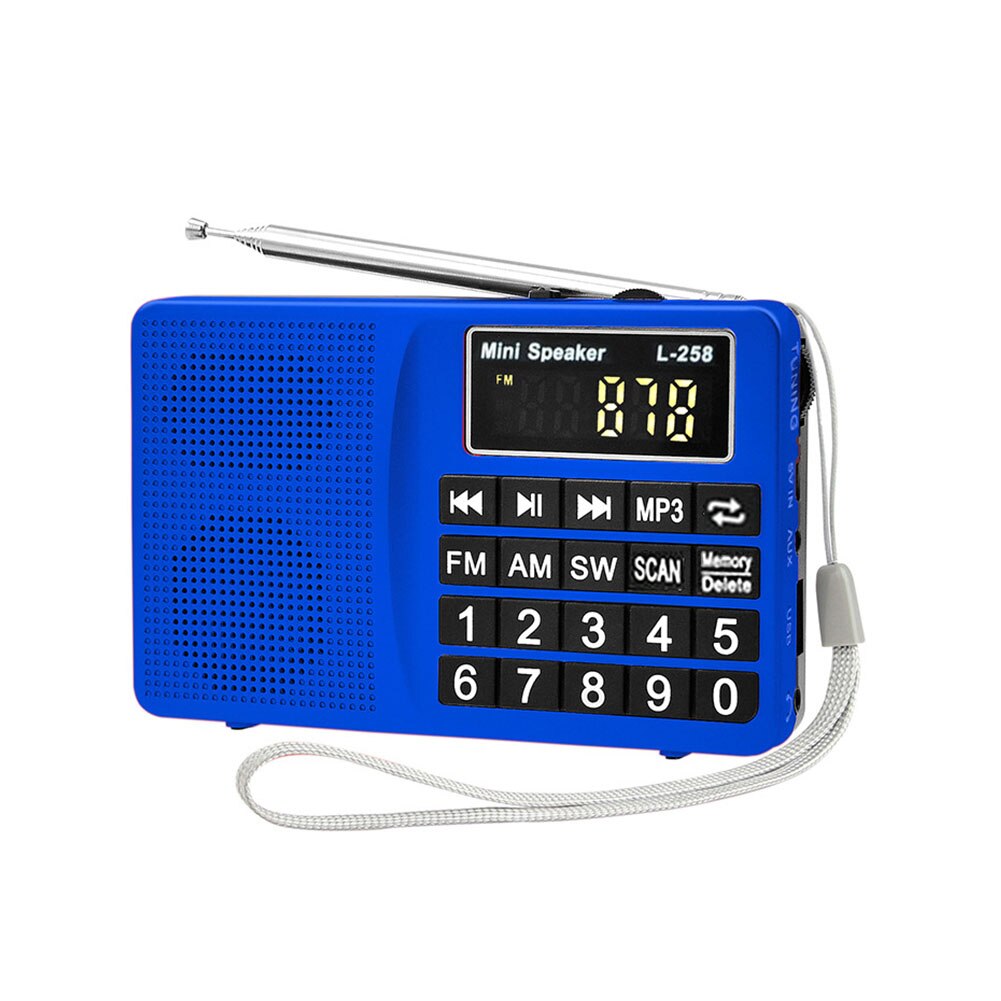 Bass Mini radio con pantalla digital SW FM portátil MP3 Insertar tarjeta gran botón fácil de operar altavoz multibanda de carga USB: Azul