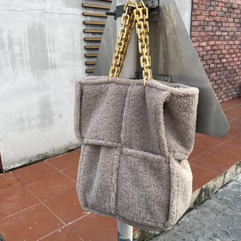 Sac à main en fausse fourrure pour femmes, sangle avec chaîne épaisse, couleur unie, sac à main pour voyage, HP002, hiver,: apricot
