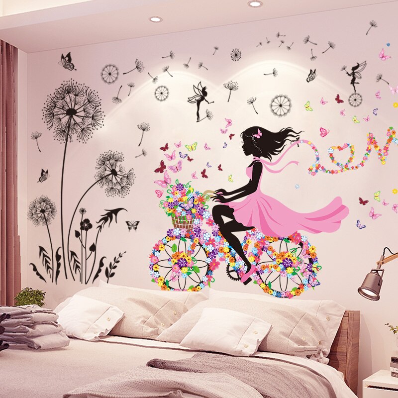 [SHIJUEHEZI] pegatinas de vinilo para dibujo de cuento de hadas para pared de niñas, pegatinas para Mural de bicicleta de mariposas DIY para decoración de habitaciones de niños y bebés: girl and flower3