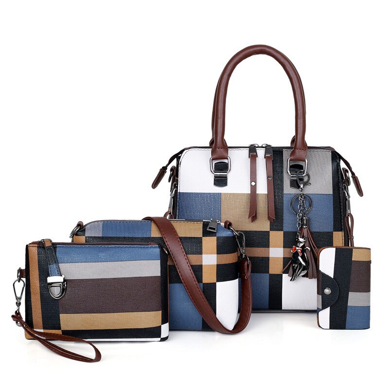 SMOOZA 4-Piece Plaid Handbag Set for Women - Luxury Shoulder Bags with Tassel & Zipper Closure