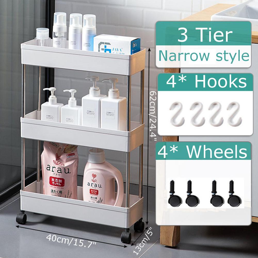 4 Layer Gap Kitchen Storage Rack Slim Slide Tower Movable Assemble Plastic Bathroom Shelf With Wheels Space Saving Organizer: 3 Tier Narrow style