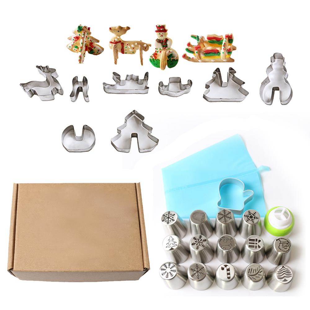 25Pcs Christmas Cake Decorating Tools Set Icing Piping Tips Nozzles Cookie Cutters Mold Pastry Converter Bags Fondant Cupcake