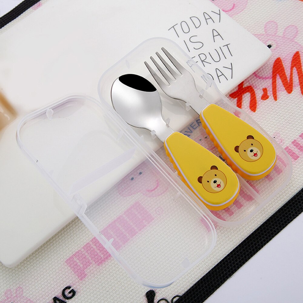 baby Feeding Spoon Fork Set Stainless Steel Toddler Infant Tableware Flatware Kids Cutlery with -Dust Box: B yellow with box