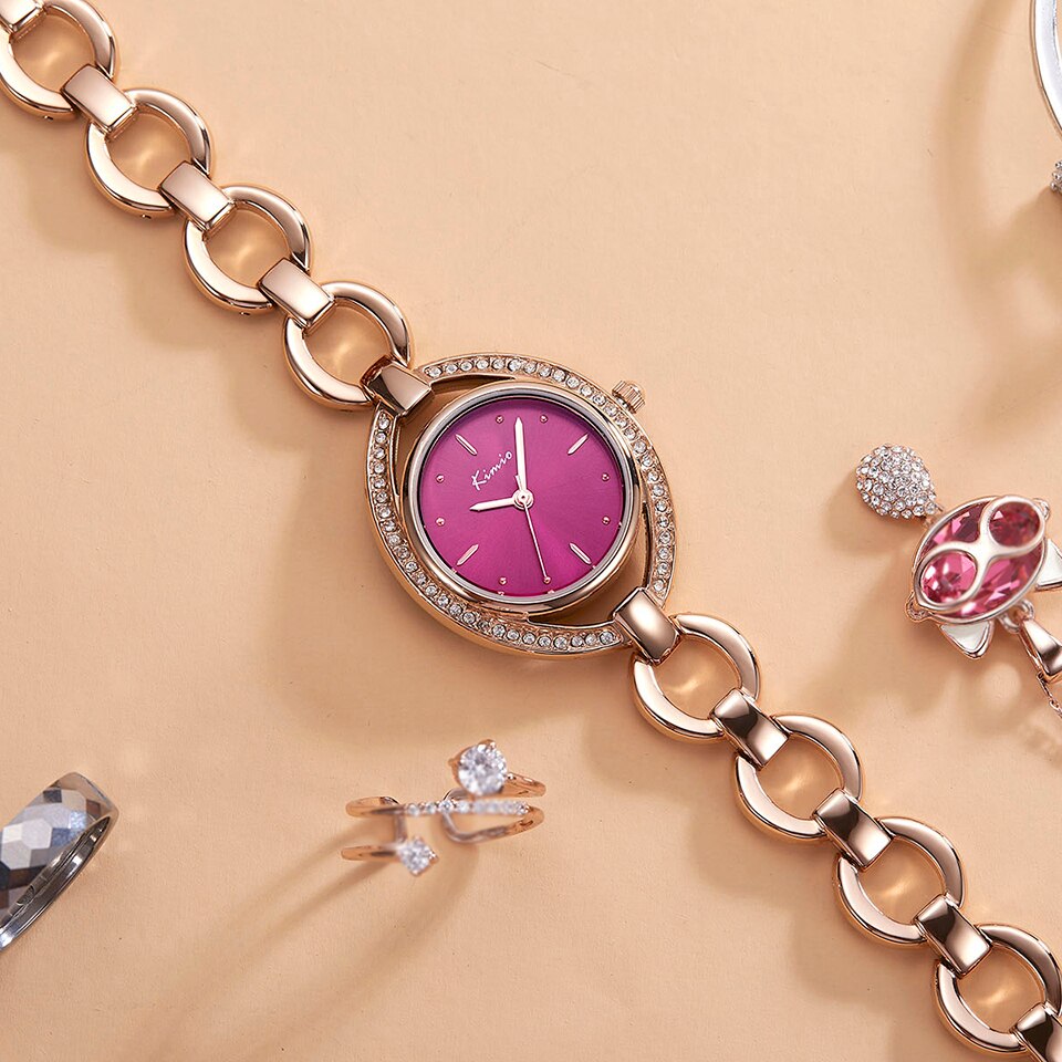 Kimio mærke kvinder luksus krystal unik urskive ur rosa guld hul armbånd kjole ure dame diamant rhinestone armbåndsur