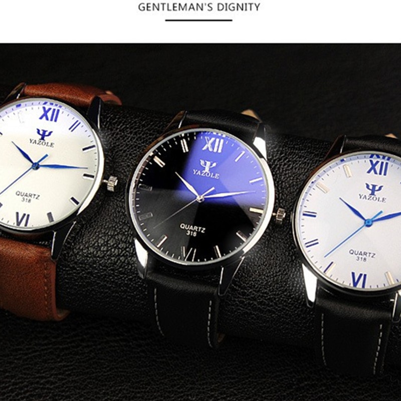 YAZOLE Blauw Glas Horloge Mannen Horloge heren Horloge Waterdichte Lederen Heren Horloges Klok reloj hombre relogio masculino