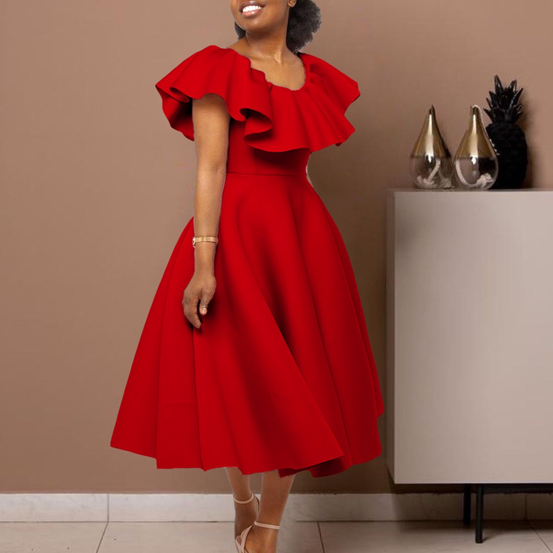 Robes de soirée élégantes pour femmes, col rond, manches à volants, taille haute, ligne A plissée, mi-mollet, robe de luxe pour dîner d'anniversaire: S / Rouge