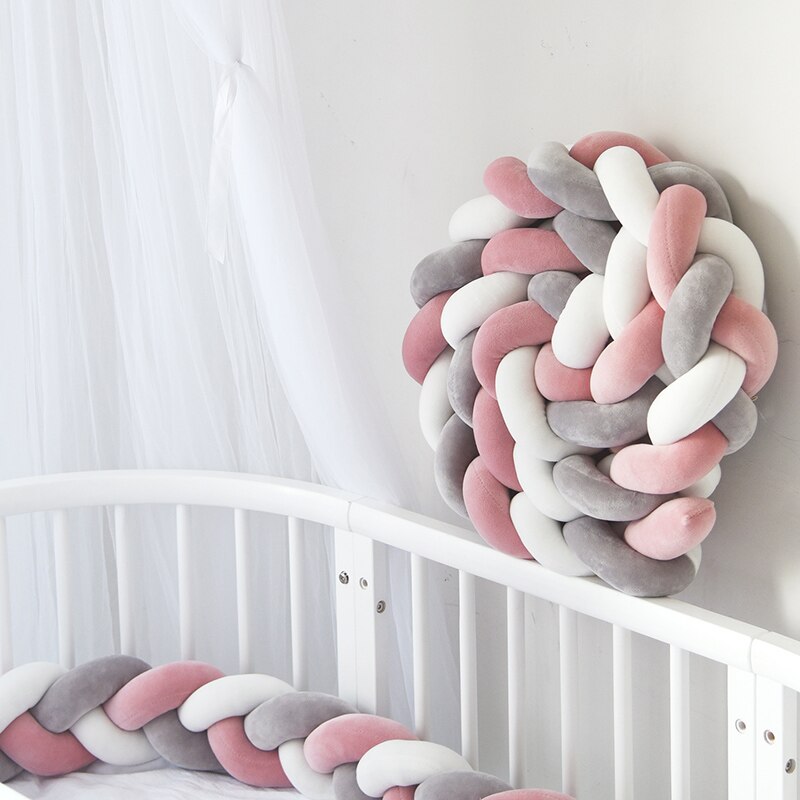 2M Baby Bumper Bed Braid Knot Kussen Kussen Bumper Baby Bebe Wieg Protector Cot Bumper Room Decor Nordic Weven suikerspin: pink gray white