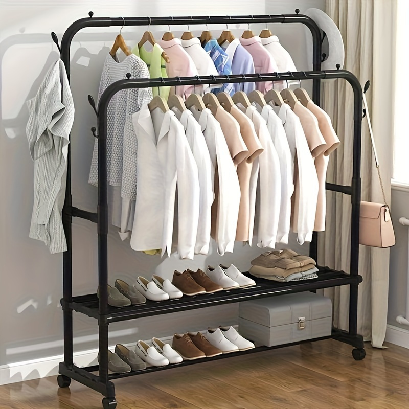 Tendedero de ropa de doble capa con estante para almacenamiento de zapatos, estante organizador, de pie para dormitorio, balcón o baño