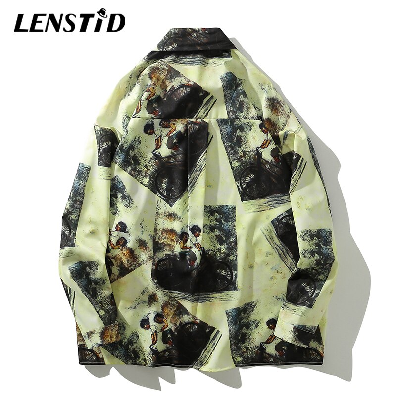 LENSTID Men Harajuku Bike Kid Funny Print Loose Shirt Hip Hop Streetwear Long Sleeve Hawaiian Thin Shirt Autumn Casual Tops