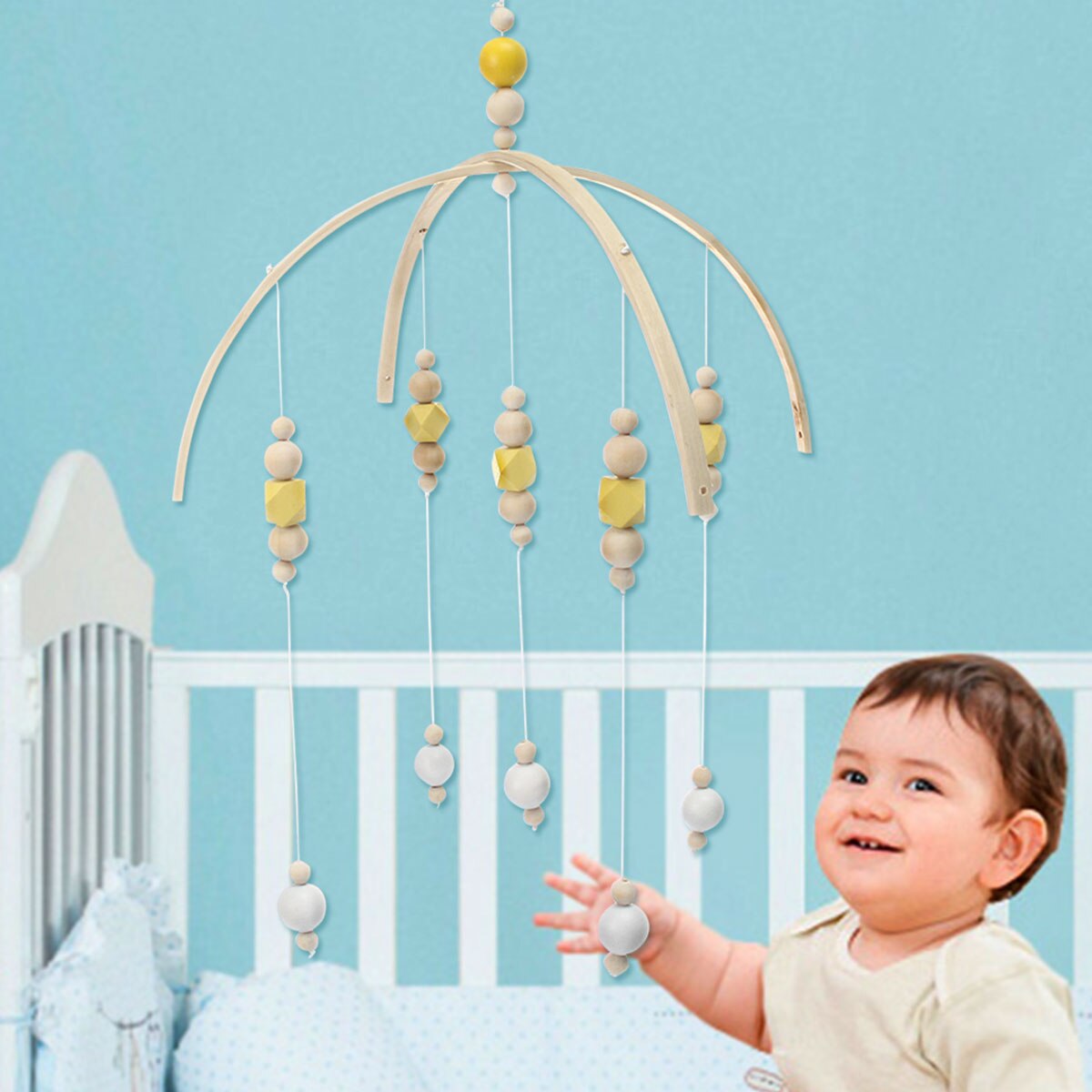 Wooden Baby Rattles Baby Crib Mobile Bed Bell Toy Hanging DIY Rotary Holder Arm Bracket Baby Room Decorative Wood Bead