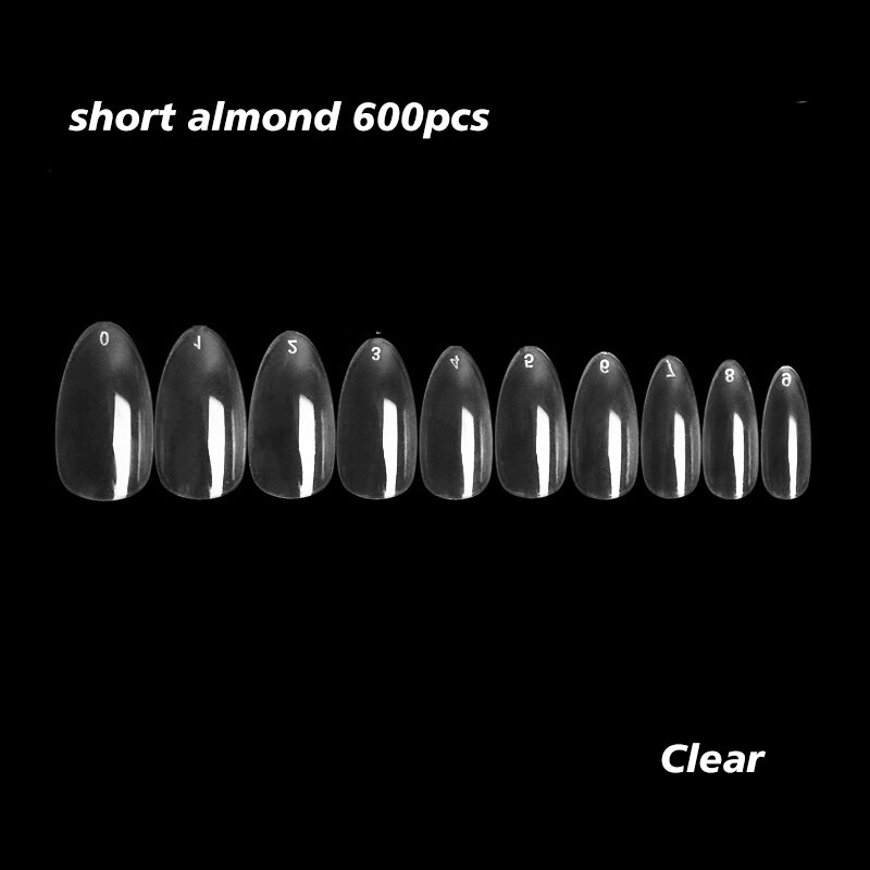 600 Stks/partij Korte Amandel Volledige Cover Nail Tips Stiletto Valse Nep Nagels Voor Nails Extension System Nail Tech Tips Diy gereedschap: Clear almond 600pc