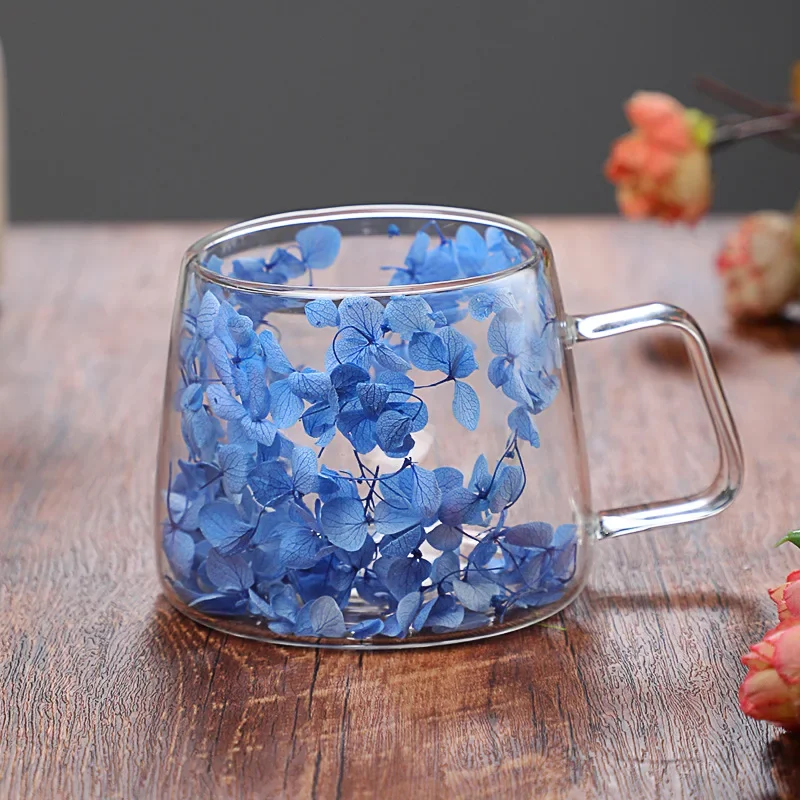 Transparent Glass Heat Insulation 200ML Coffee Cup with Handle Double Wall Dry Flowers Style High Temperature Juice Milk Mug