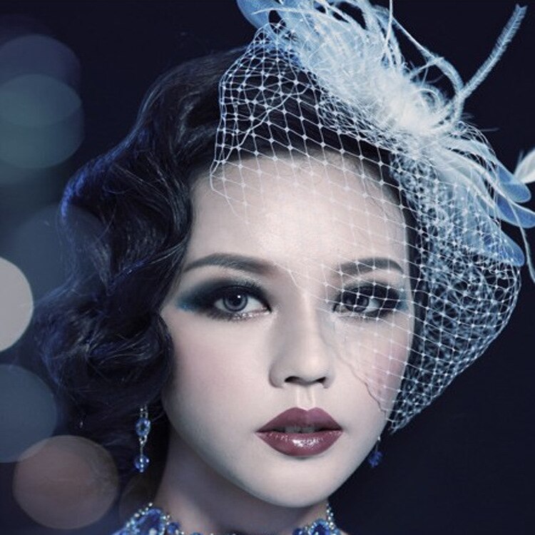 Elegante preto feminino chapéus de noiva e fascinadores headpiece senhora rosto véus dot net com lssuing bandana acessórios de casamento: WHITE