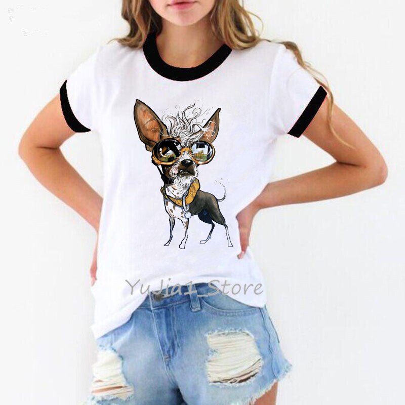 Chihuahua Rijden Op Een Motorfiets Bedrukt Grappige T-Shirts Vrouwen Wit Vintage T-Shirt Femme Esthetische Kleding Hondenliefhebber Zomer Top
