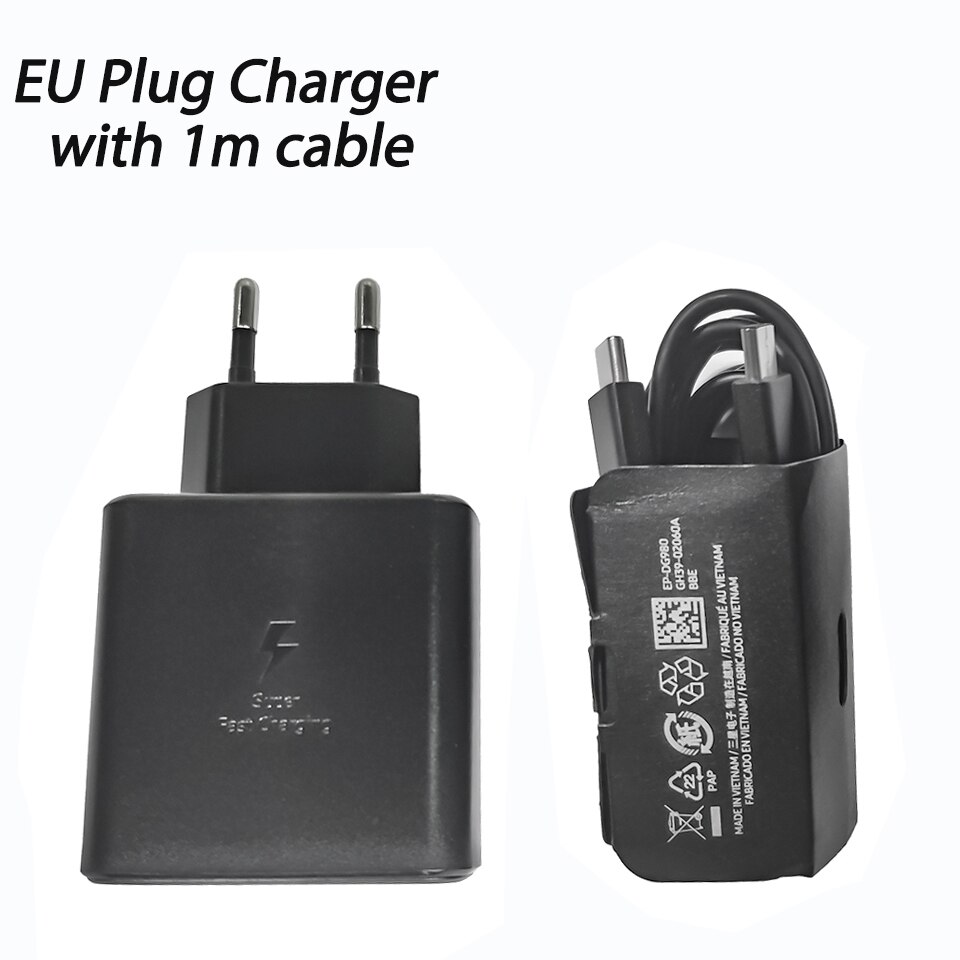 Original for SAMSUNG S21 Ultra Charger 45W Type C Super Fast Charger PD Quick Charging for Galaxy S20 S21 Plus Tab S7 S7+ Tablet: EU black and 1m wire