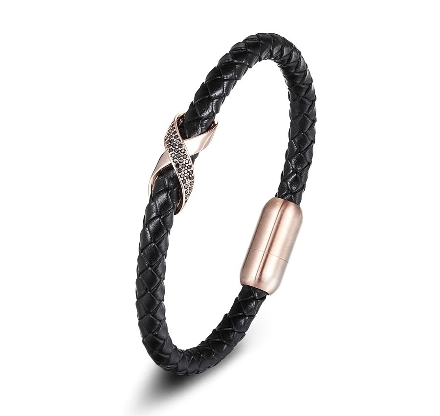Angemiel heren armband met rozen kristal kruis van staalpatroon leer voor heren