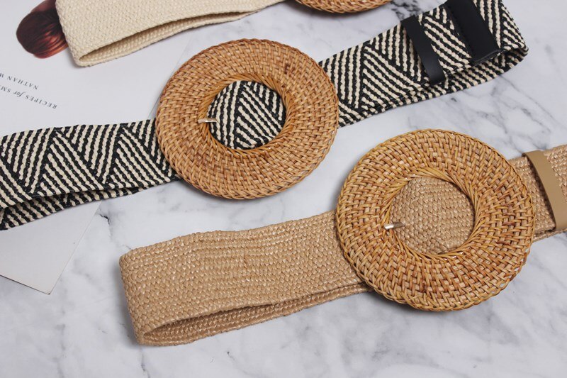 Cinturones de cintura de paja de imitación elásticos de verano, cinturones de tela ajustable con hebilla cuadrada, cinturones bohemios para Vestido de playa