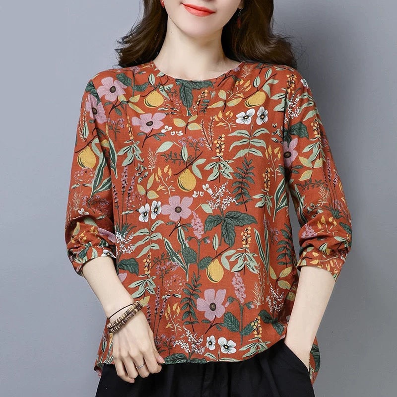 Katoen Linnen Shirt Plus Size Vrouwen Kleding Lange Mouw Top Bloemen Vintage Blouse Dames Casual Vrouwelijke