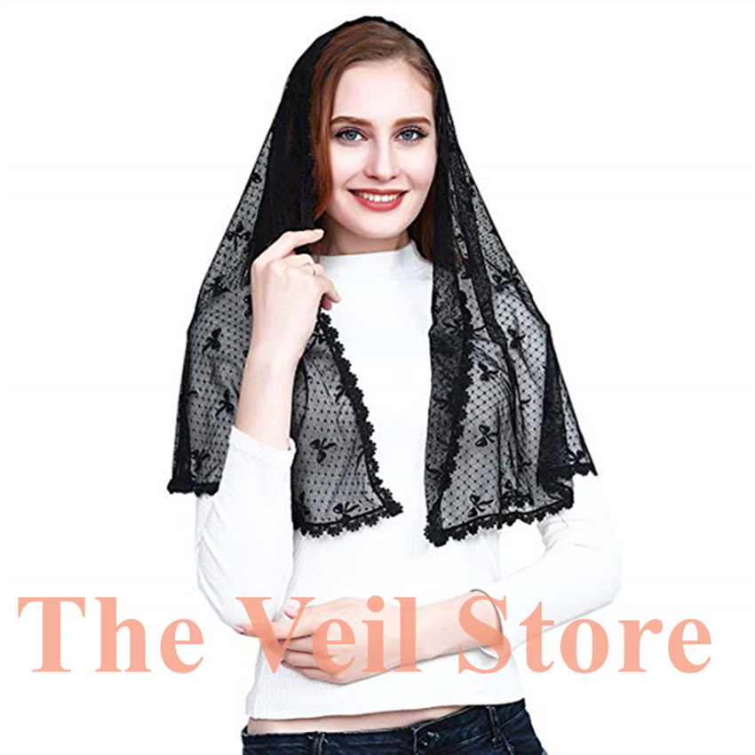 Ivory Black Lace Kapel Sjaal infinity sluier Katholieke Mantilla Sluier voor Kerk Head Cover Latin Massa Mantilla de Novia negra