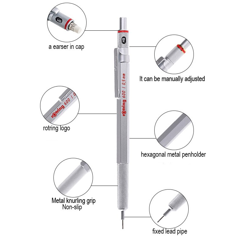 Rotring 600 0.5/0,7mm mechanische bleistift silber/schwarz Metall Halfter automatische bleistift 1 stück