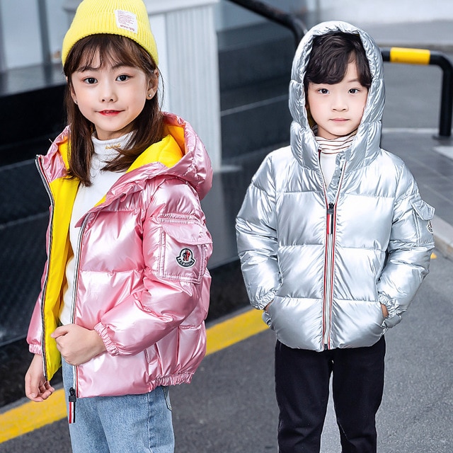 Winter Kinderen Zilveren Down Katoen Gevoerde Grote Kinderkleding Gewatteerde Korte Jas Jongens En Meisjes Hooded Jas