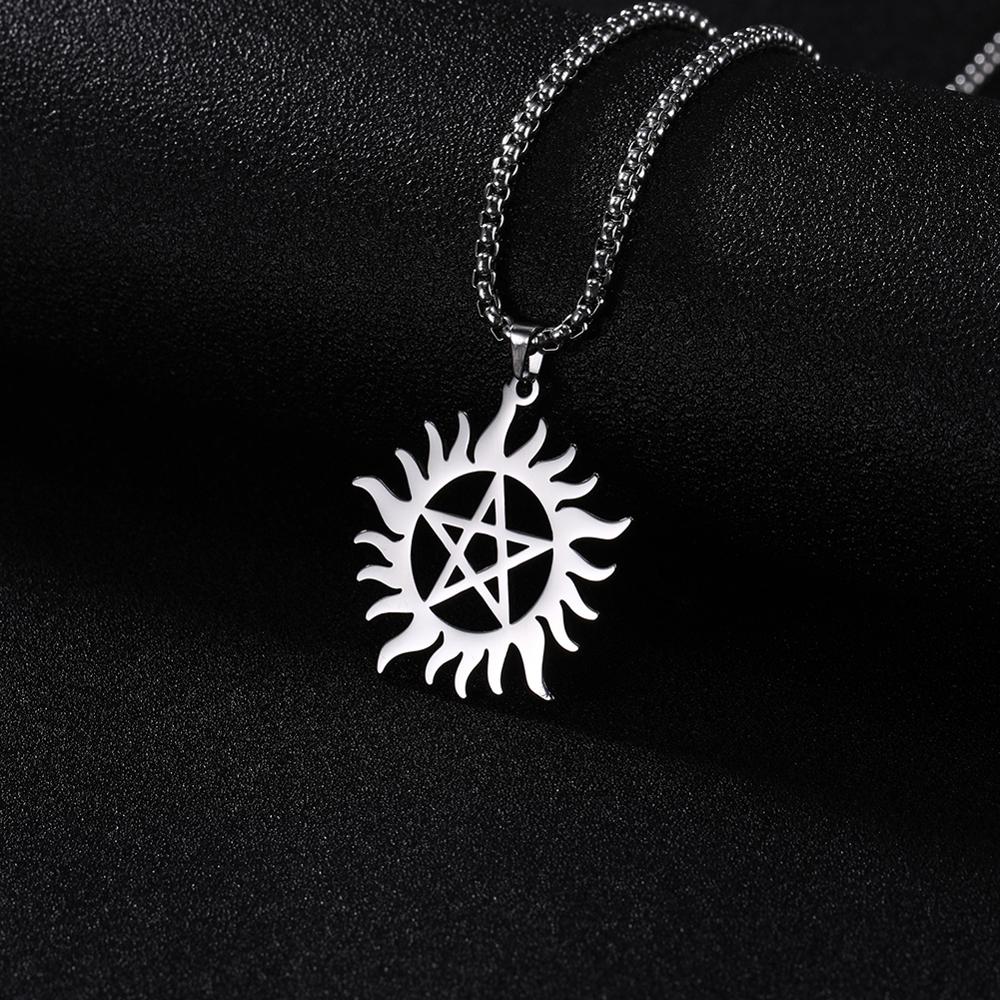 COOLTIME Supernatural Sun Pentagram Pendant Necklace for Women Men Stainless Steel Hollow Star Box Chain Necklaces Couple