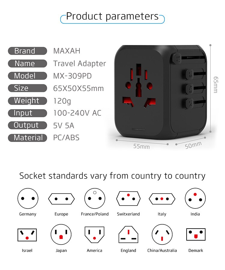 MAXAH Type-C PD Quick Charge Universal Travel Adapter Universal Travel Plug Power Adapter with Type-C PD Wall Charger Adaptor