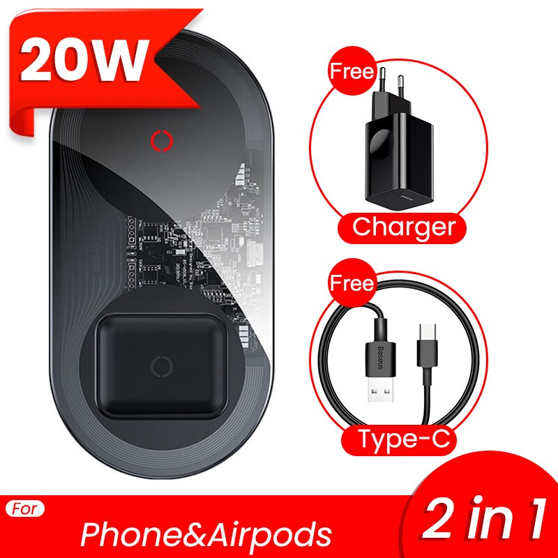 Baseus 2 in 1 Dual Qi Wireless Charger For iPhone 11 Pro Max X Airpods 15W Fast Wireless Charging Pad Induction Wirless Charger: Transparent 20W