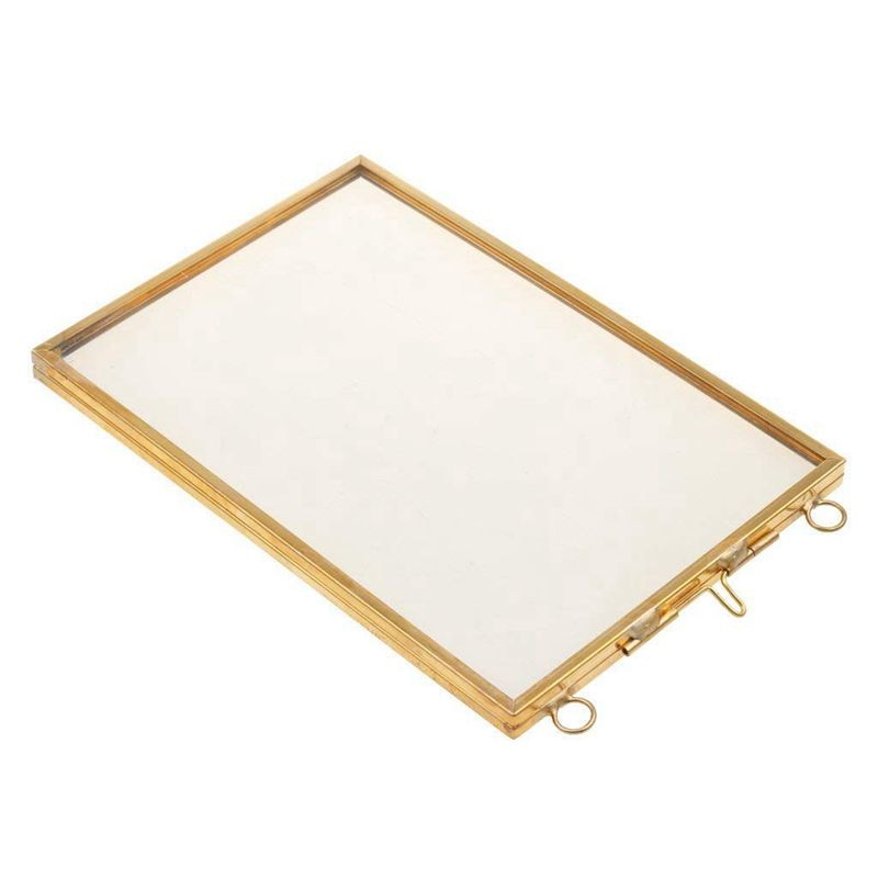Vintage Hanging Metal Photo Frame + Glass and 2 Glass Side gold + transparent 10.2 x 15.3 cm