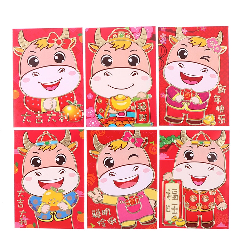 6 Stuks Kleur Willekeurige Lucky Chinese Rode Enveloppen Ox Jaar Geluk Zakken Rode Pakket Verpakking Voor Chinese Jaar