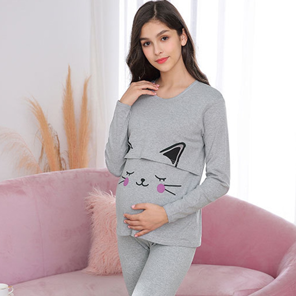 Cartoon Animal Maternity Nursing Pajama Set Long Sleeve Breastfeeding Top Pants easy breastfeeding For Infant