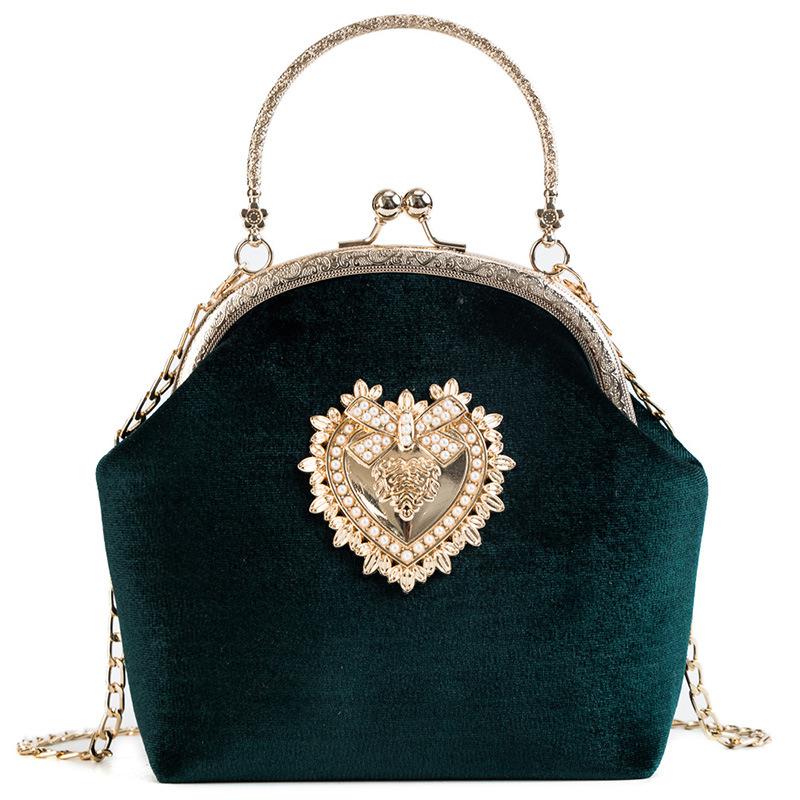 Kvindelig fløjl perle håndtaske vintage velour hjerte aftentaske bryllupsfest brud clutch velour taske pung: Grøn