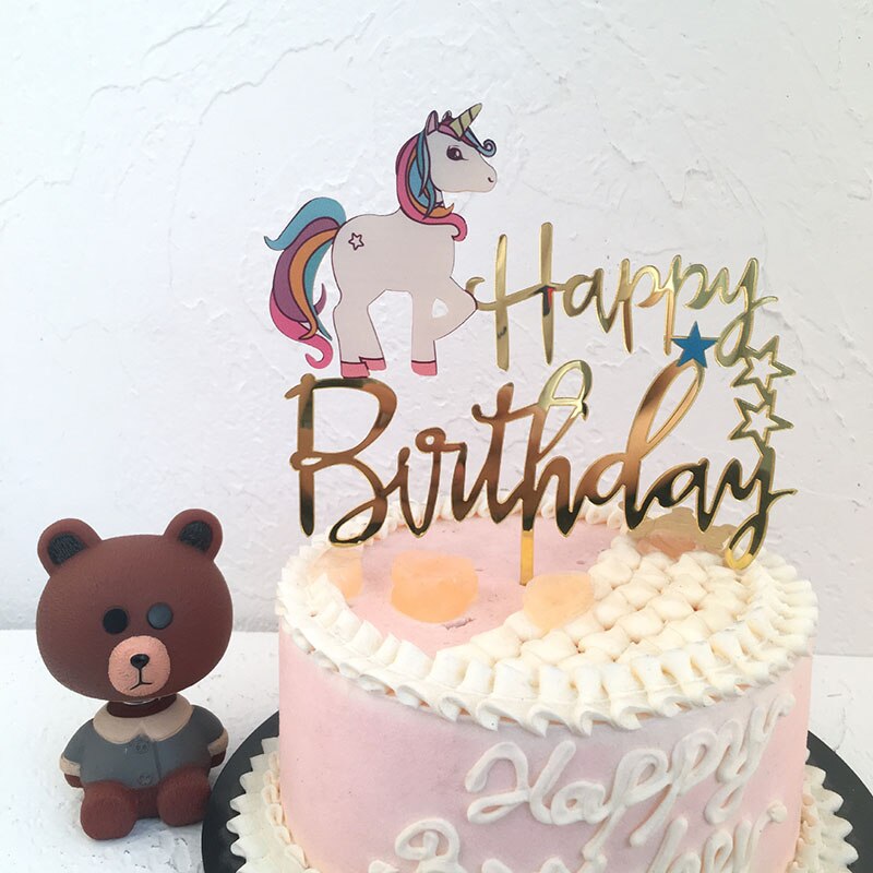 1pc tillykke med fødselsdagen kage topper farverig akryl unicorn flamingo blomster ballon til unicornio fest dekoration dessert: 3