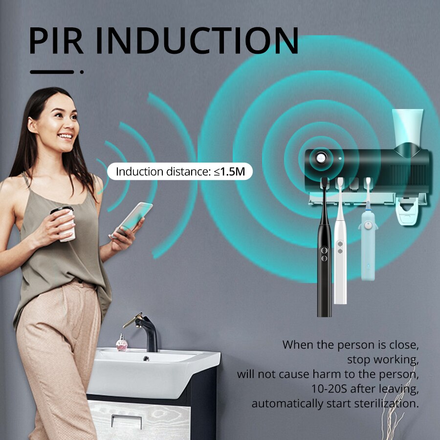 Household Ultraviolet Lamp UV Toothbrush Sterilizer 4 in 1 PIR Motion Sensor UVC Disinfection Lights Auto Toothpaste Squeezers