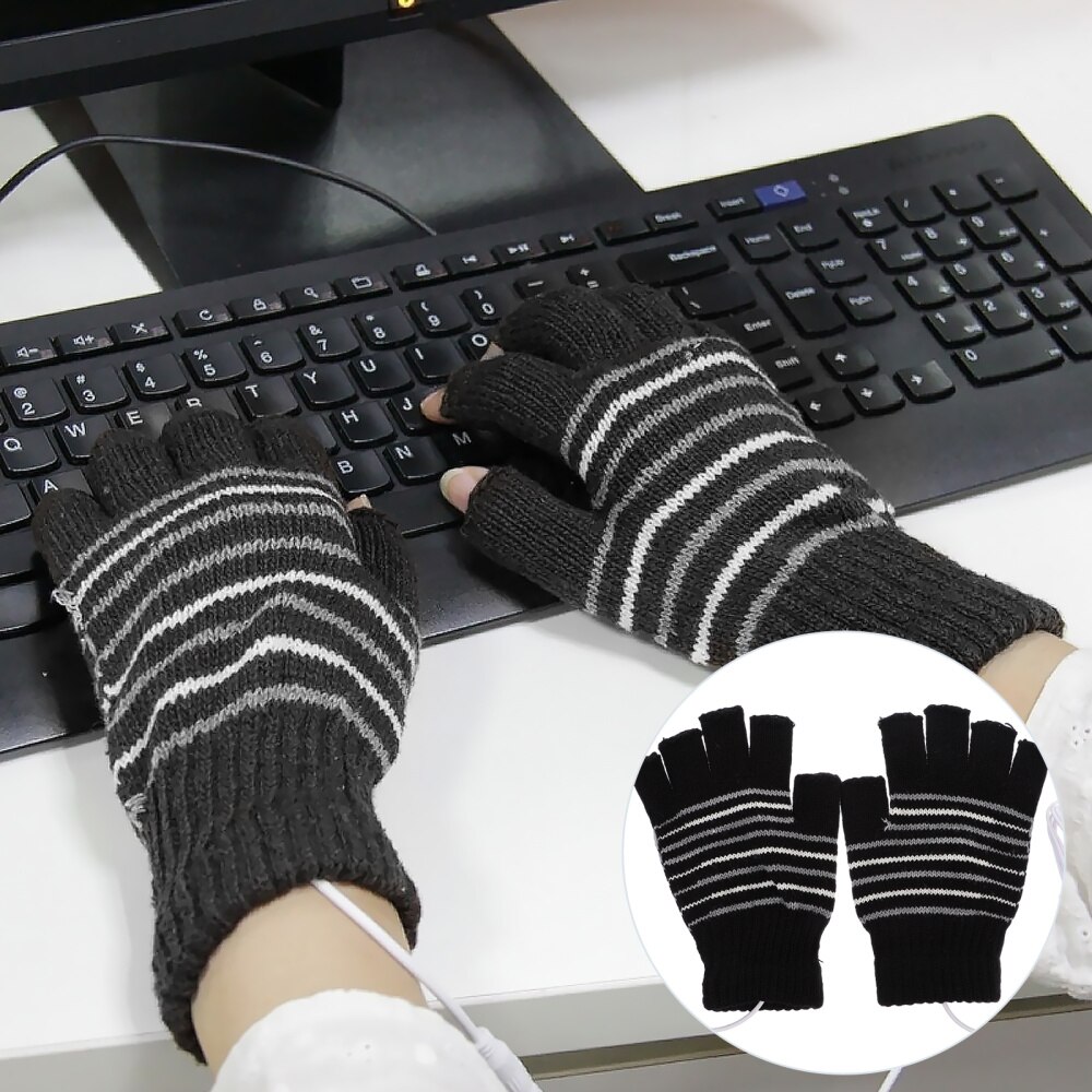 Mitaines chauffantes USB, 1 paire, moitié ou doigt entier, tricot: Black strips