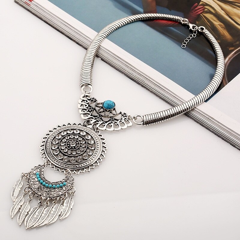Fashioin colar feminino vintage colares de declaração pingentes bohemia folhas borlas acessórios de jóias