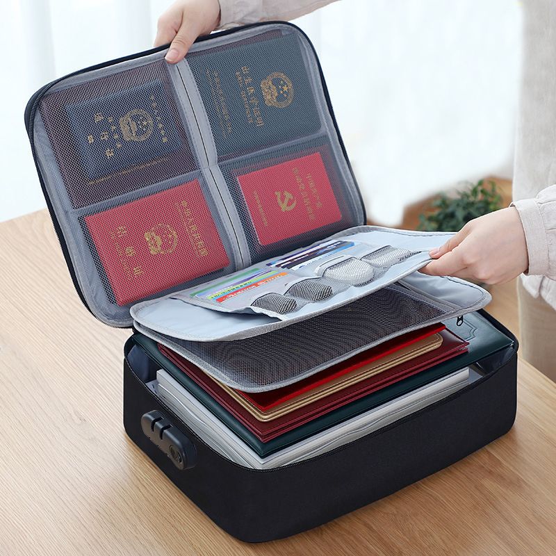 Portable Large Capacity Document Bag Password Lock File Folder Ticket Bag for Home Travel Organizer Storage Supplies Duffle Bag: 3 Layers Black