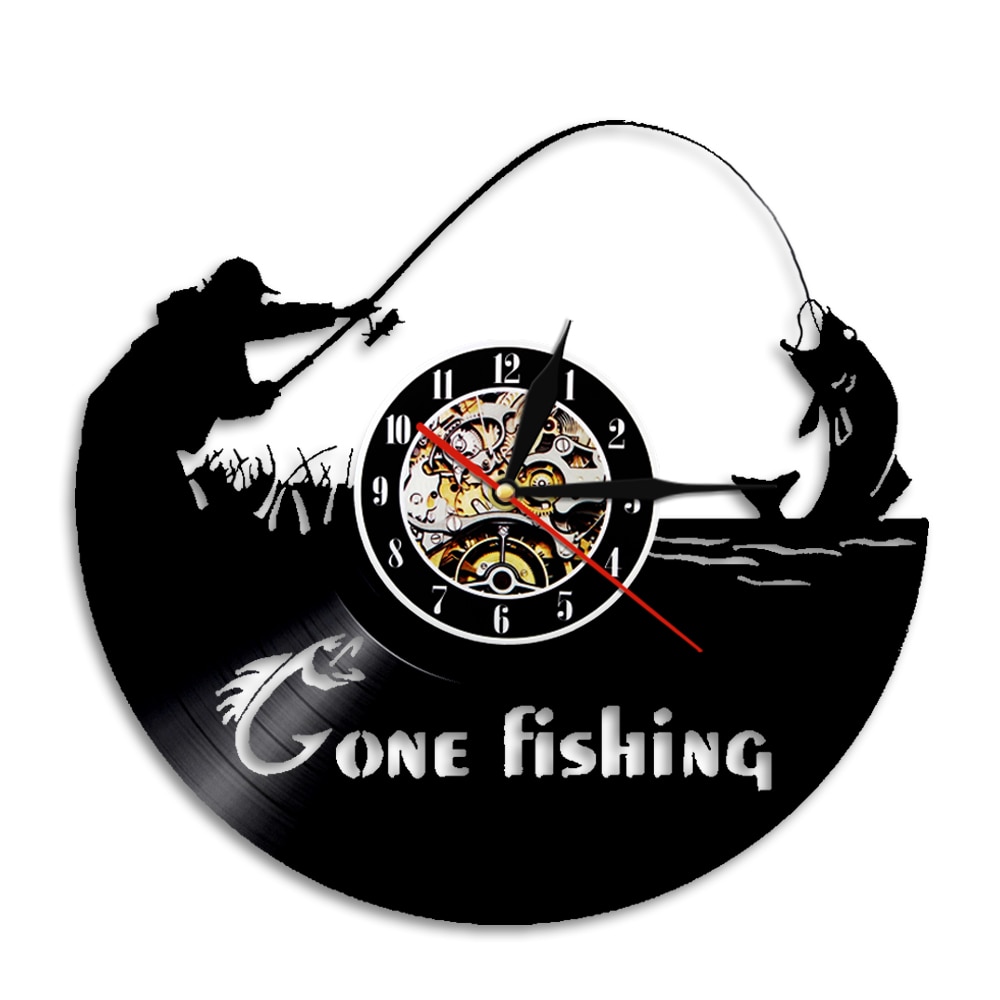 Gone Fishing Fish Rod Wall Clock Fisherman Home Decor Fishing Vinyl Record Wall Clock Timepieces Handmade For Fishermen: Without LED
