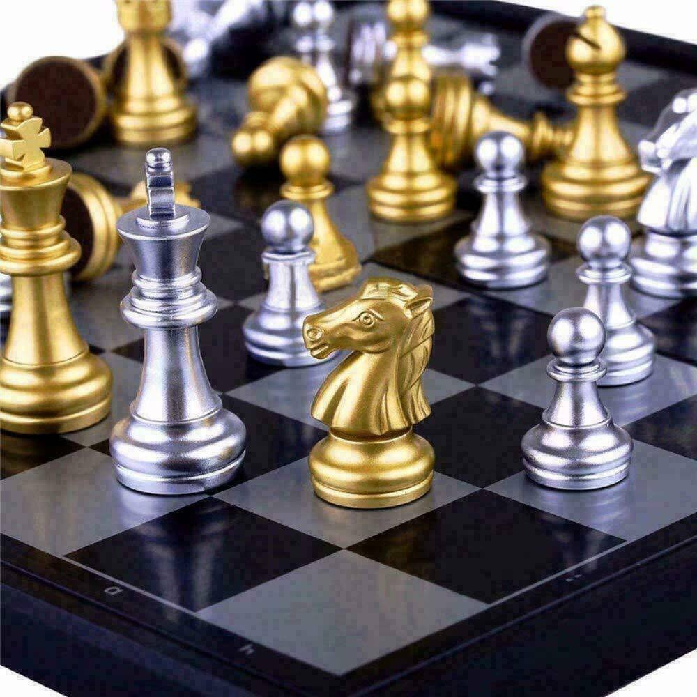 Ensemble de figurines d'échecs médiéval amusantes, avec échiquier de , 32 pièces d'or et d'argent, jeu de société magnétique, pour enfants