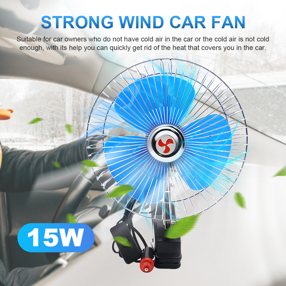 Ventilador oscilante para coche eléctrico de 8 pulgadas, ventilador de refrigeración de aire con rotación, 12V/24V, 15W, ventilador de refrigeración de verano, Enfriador de aire para vehículo y camión de viento fuerte