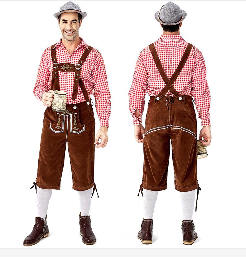 Echoine Volwassen Traditionele Oktoberfest Kostuum Lederhosen Beierse Octoberfest Duits Bier mannen Carnaval Party Fancy Kostuum: Red Brown / XL