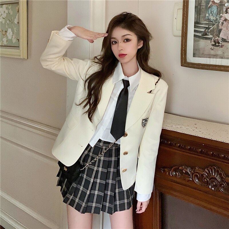 Women Spring Thin JK Suit High Waist Japan Preppy Style School Uniform Short Badge Blazer Coat Top Outwear Clothes