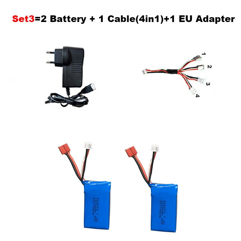 7.4V 1500mah Hoge capaciteit Li-po Batterij + Kabel (4in1) + lader voor JJRC Q39 Wltoys A959-B A969-B A979-B K929-B RC Auto Onderdelen: Set3