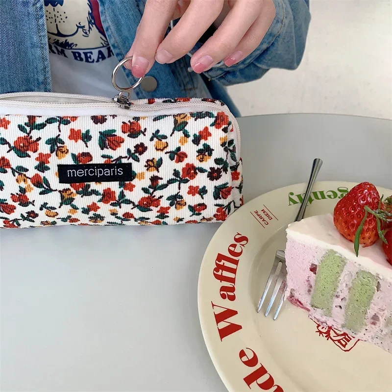 Women Corduroy Flower Cosmetic Bags Travel Brush Lipstick Storage Case Female Makeup School Stationery Pencil Cases: Brown