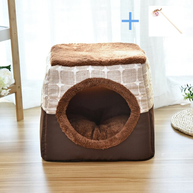 Huisdier Huis Warm Dog Bed Kennel Kat Slapen Nest Opvouwbare Pubby Mat Huis Winter Gesloten Type Bed Hol Kat Kitten tent Kat Levering: Coffee / L