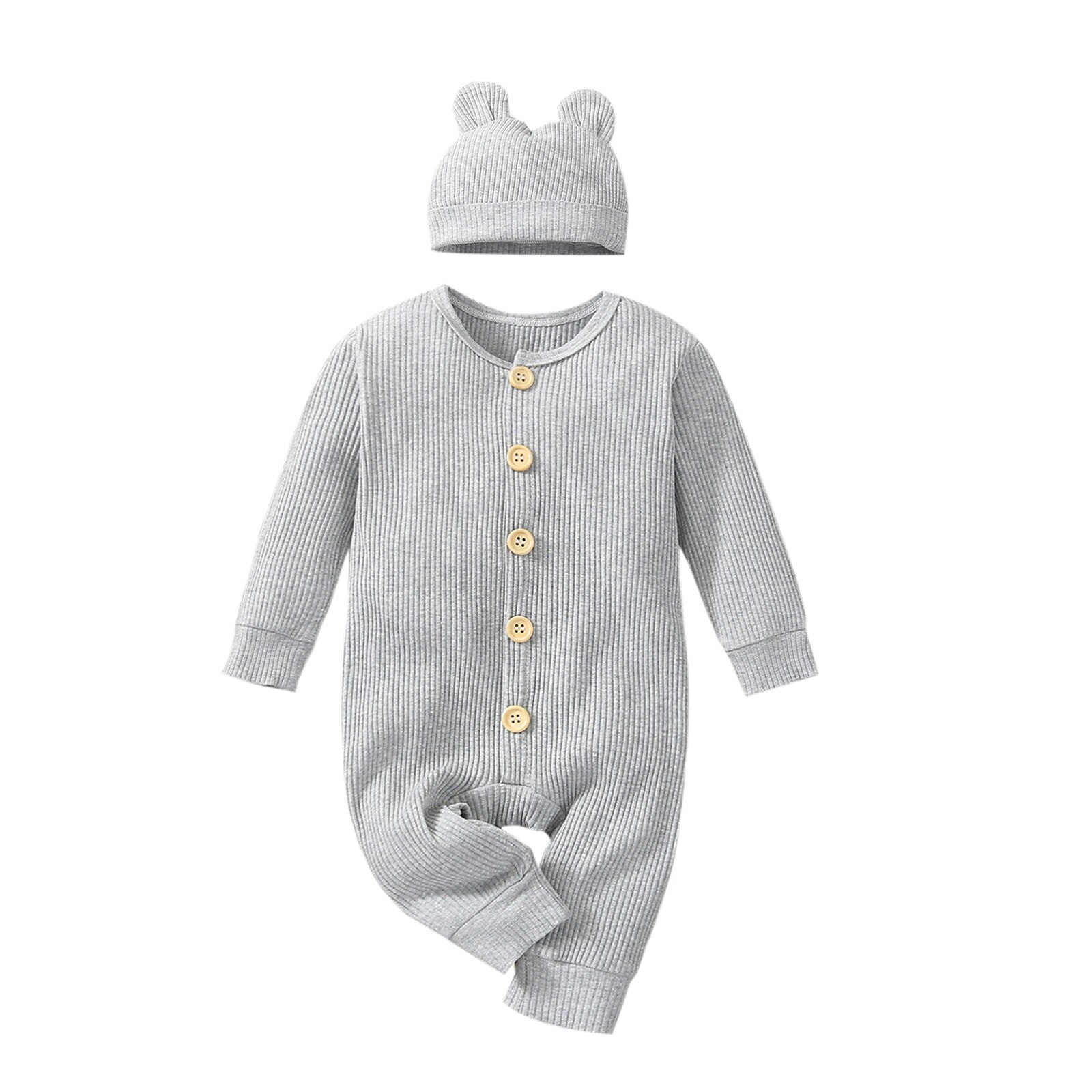 Infantil bebê meninas meninos macacão com chapéu, crianças cor sólida o-pescoço manga longa macacão + boné para outono de primavera, 0-24 meses: Gray / 6 m