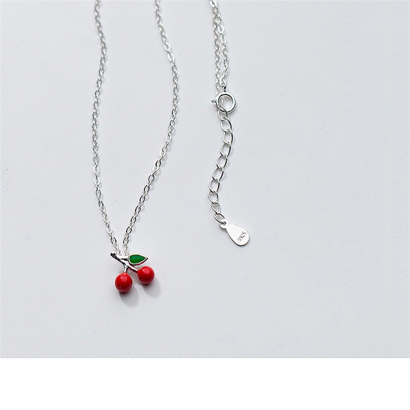 Real 925 Sterling Silver Red Enamel Cherry Choker Pendant Necklace Fine Jewelry For Women Personality Accessories