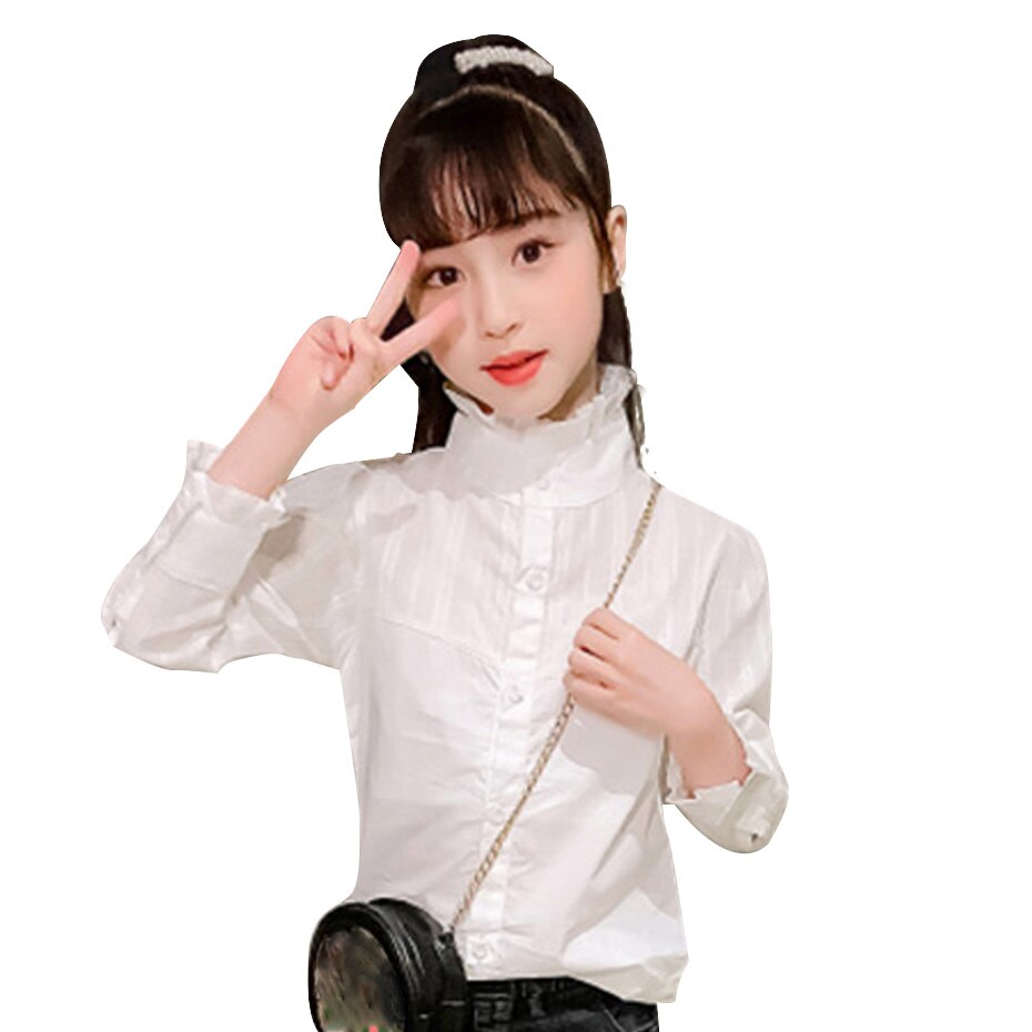 Meisjes witte blouse effen kleur meisjes school shirts coltrui kindershirt voor meisjes tienerkleding voor meisjes
